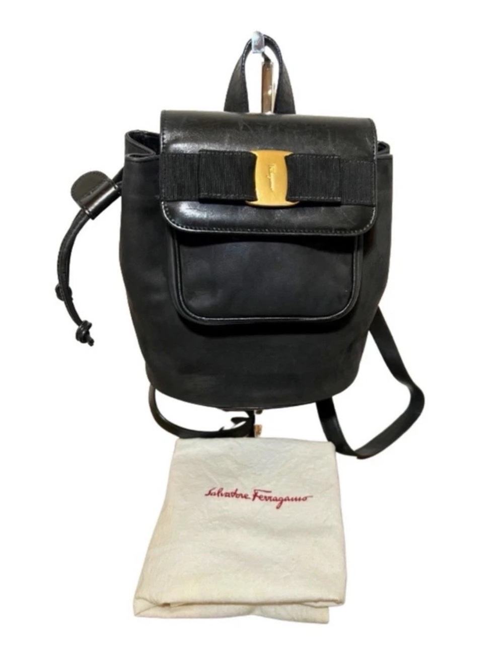 Salvatore Ferragamo Black Leather Backpack with Vara Bow and Gold Plaque